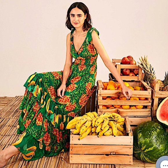 Farm Rio Pineapple Galore Smocked Waist Maxi Dress Small NWT - Picture 3 of 8